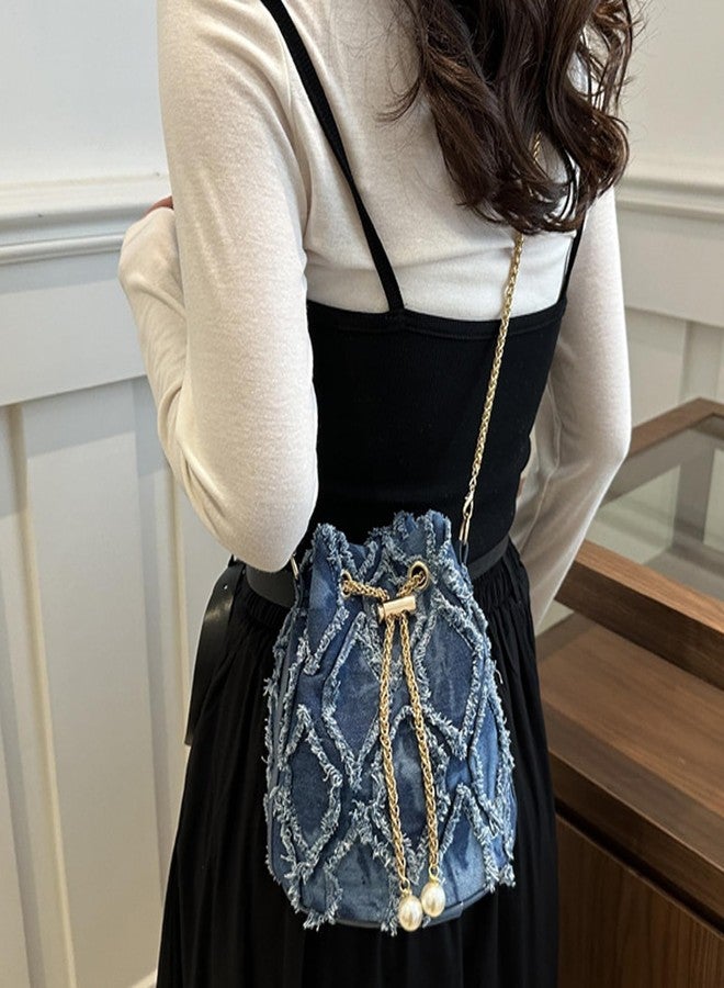 ROBOHOOK Denim Bucket Bag, Denim Purses for Women, Drawstring Blue Jean Crossbody Shoulder Purse Hobo Bag, for Commuting, Shopping, Dating (Blue) - Image 2